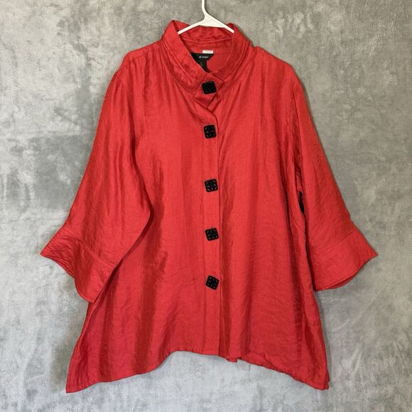 Ali Miles Tops - Ali Miles Artsy Tunic 2X Buttons Top Red 3/4 Sleeve Sateen Lagenlook Wire Collar